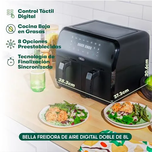 BELLA ▫️ Bela fritadeira de ar quente de 8 L, com cesto duplo e ecrã tátil, 8 opções de cozedura, temperatura regulável, desligamento automático, tabuleiros antiaderentes, 1700 W, cor preta 2
