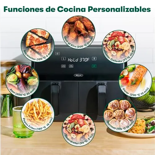 BELLA ▫️ Bela fritadeira de ar quente de 8 L, com cesto duplo e ecrã tátil, 8 opções de cozedura, temperatura regulável, desligamento automático, tabuleiros antiaderentes, 1700 W, cor preta 4