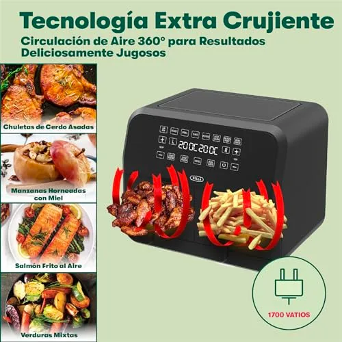 BELLA ▫️ Bela fritadeira de ar quente de 8 L, com cesto duplo e ecrã tátil, 8 opções de cozedura, temperatura regulável, desligamento automático, tabuleiros antiaderentes, 1700 W, cor preta 5