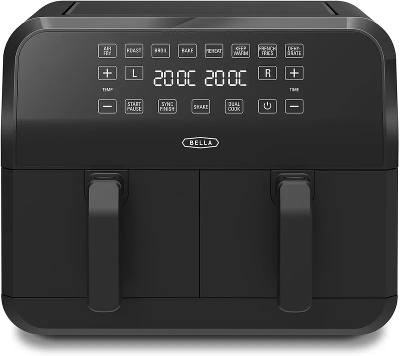 BELLA ▫️ Bela fritadeira de ar quente de 8 L, com cesto duplo e ecrã tátil, 8 opções de cozedura, temperatura regulável, desligamento automático, tabuleiros antiaderentes, 1700 W, cor preta