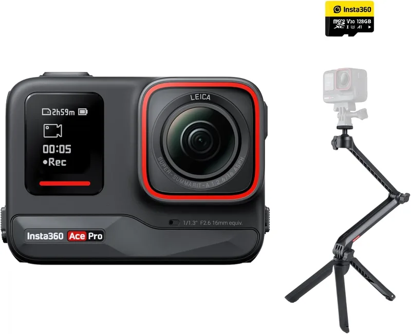 Insta360 ▫️ Ace Pro Creator Kit: Câmara de ação à prova de água concebida com a Leica, sensor Insignia de 1/1,3", redução de ruído de imagem AI, 4K a 120 fps, ecrã flip de 2,4" e funções AI.