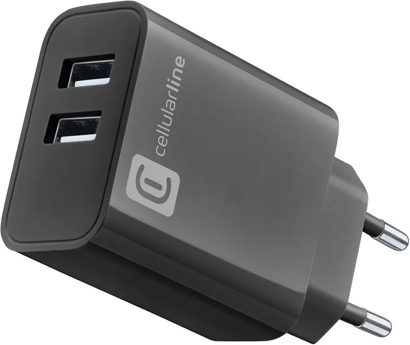 cellularline ▫️ Carregador MULTIPOWER 24 W com duas portas USB-A - Equipado com a tecnologia Device Detect: reconhece o telemóvel ligado e fornece a carga adequada - Máxima segurança - Preto