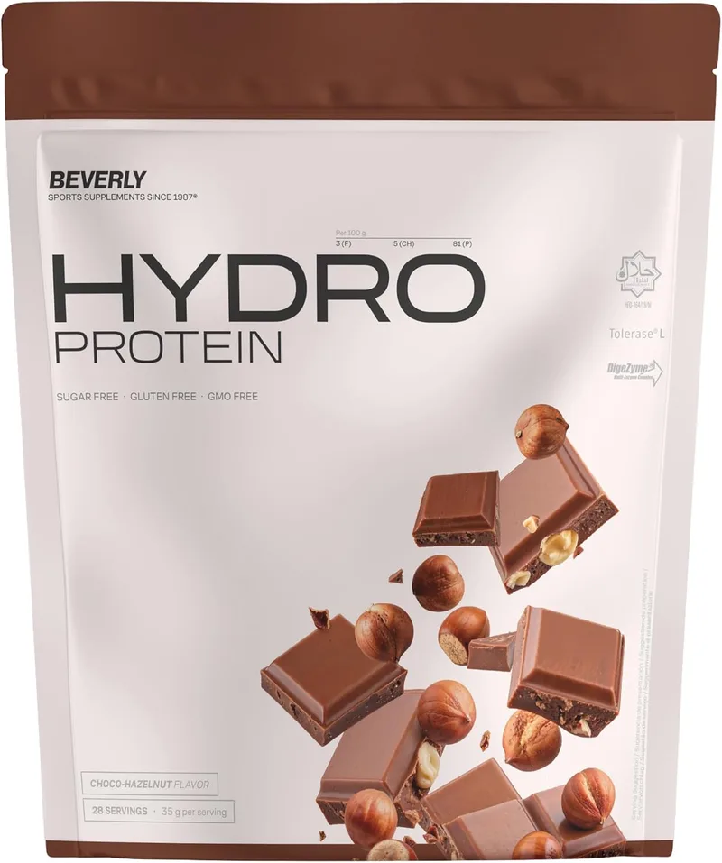 Beverly Nutrition ▫️ Beverly HYDRO PROTEIN – Proteína hidrolisada de soro de leite com DigeZyme® e Tolerase® | 29 g de proteína por dose | 1 kg (28 doses) | Elevada digestibilidade (chocolate com avelã)