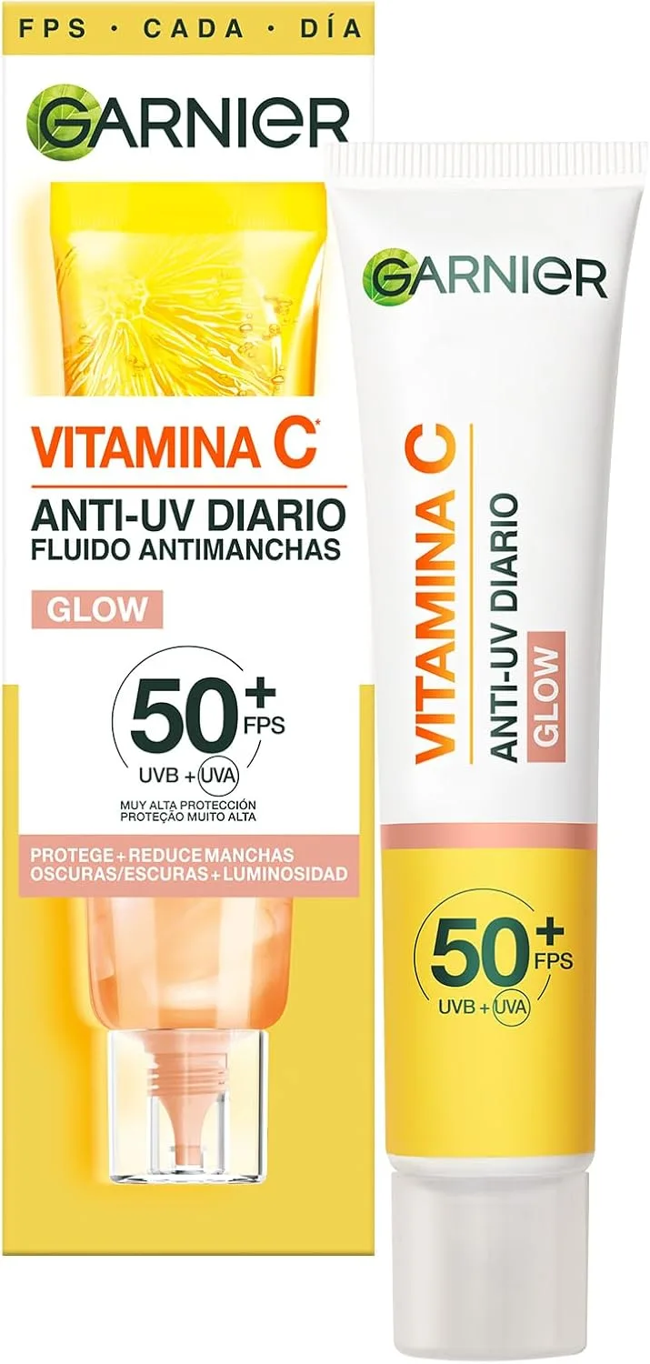 Garnier ▫️ Vitamin C Anti-UV Daily Anti-Spot Fluid Glow Effect SPF50+, Protege, Previne e Reduz as Manchas, para todos os tipos de pele, 40 ml ()