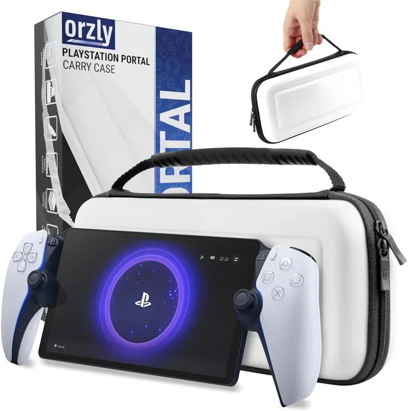 Orzly ▫️ Estojo de Transporte para o Reprodutor Remoto PlayStation Portal, Acessórios para a Consola PS5, Proteção para Viagens e Armazenamento, Carregador de Auscultadores Branco/Preto - Edição de Presente