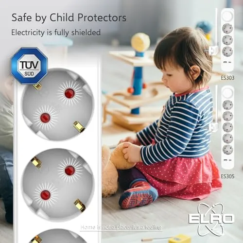 ELRO ▫️ ES305 - Extensão com 5 tomadas, cabo de 1,5 m e interruptor, 5 tomadas + USB + USB-C, proteção para crianças, tomada Schuko, máx. 3680 W, certificado TÜV 2