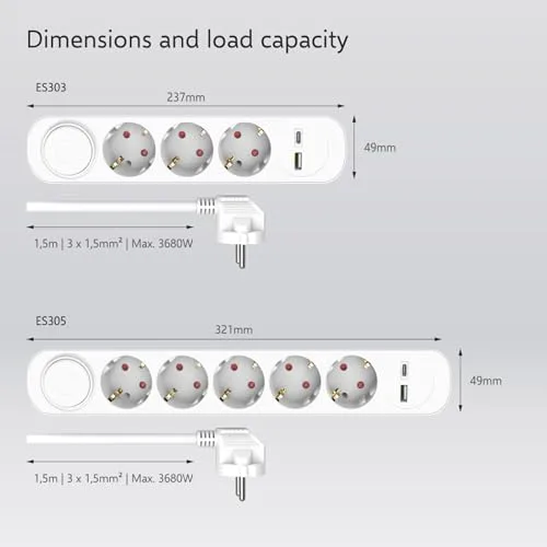 ELRO ▫️ ES305 - Extensão com 5 tomadas, cabo de 1,5 m e interruptor, 5 tomadas + USB + USB-C, proteção para crianças, tomada Schuko, máx. 3680 W, certificado TÜV 7