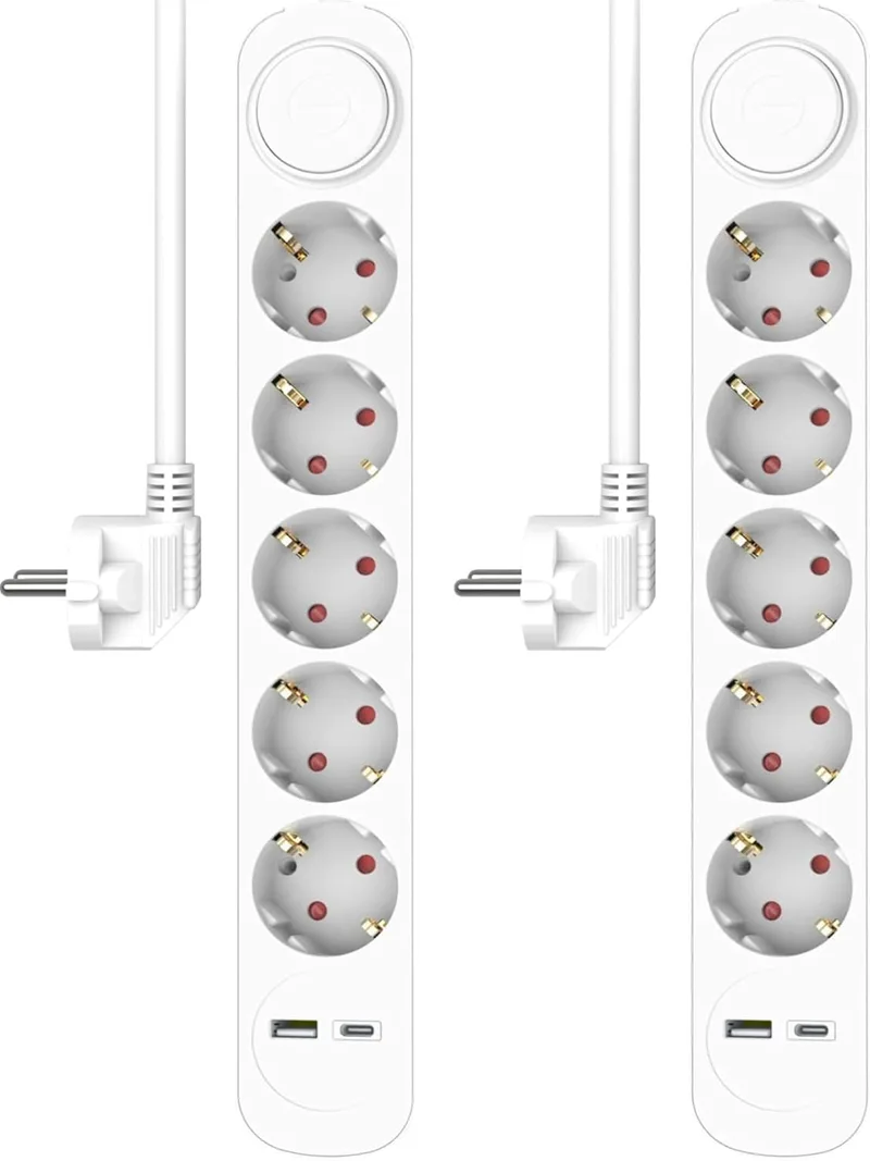 ELRO ▫️ ES305 - Extensão com 5 tomadas, cabo de 1,5 m e interruptor, 5 tomadas + USB + USB-C, proteção para crianças, tomada Schuko, máx. 3680 W, certificado TÜV