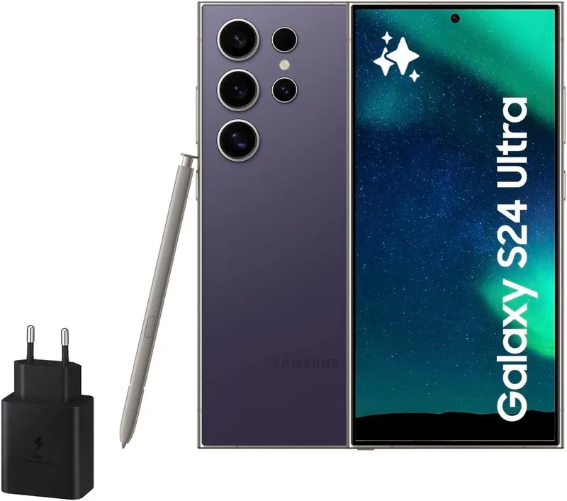 Samsung ▫️ Galaxy S24 Ultra e carregador de 45 W, telemóvel com IA, smartphone Android, 12 GB de RAM, 512 GB de armazenamento, câmara de 200 MP, S Pen, bateria de longa duração, Violeta Titanium (versão espanhola)