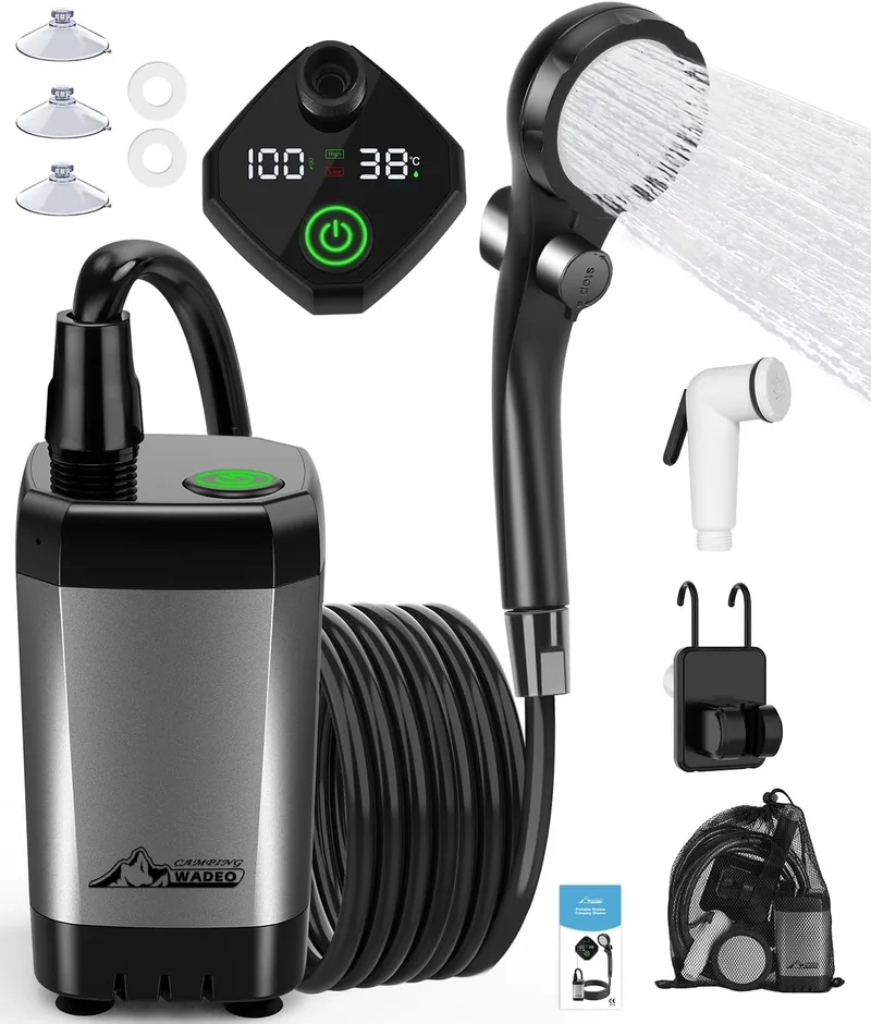 WADEO ▫️ Chuveiro de campismo portátil com bateria e bomba, chuveiro de campismo com bateria recarregável 6000/8000mAh, chuveiros móveis para exterior com chuveiro e mangueira, para campismo, viagem, jardim, lavagem de automóveis