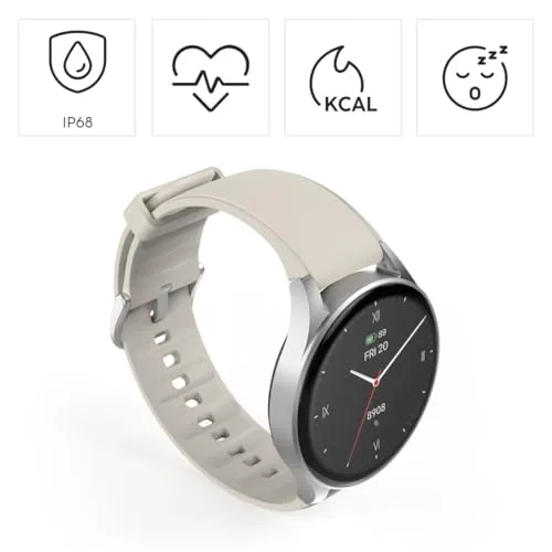 Hama ▫️ Smartwatch 8900 (Relógio inteligente, com GPS, ecrã tátil AMOLED, relógio desportivo, permite fazer chamadas em modo mãos-livres) Cor prateada e bege. 2