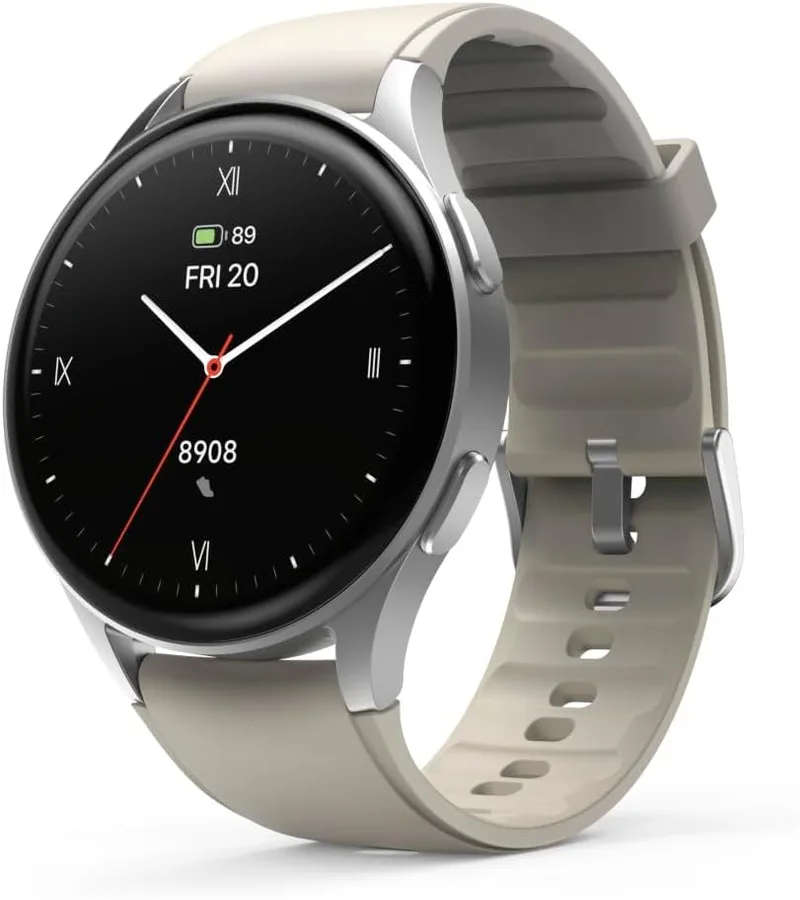 Hama ▫️ Smartwatch 8900 (Relógio inteligente, com GPS, ecrã tátil AMOLED, relógio desportivo, permite fazer chamadas em modo mãos-livres) Cor prateada e bege.