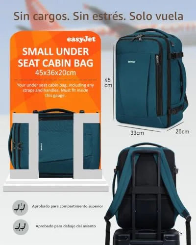 ECOHUB ▫️ 30L Mochila 45x36x20 Easyjet, Mochila de viagem para a cabine do avião com 13 bolsos, Mochila de bagagem de mão para colocar debaixo do assento, Saco de viagem em PET reciclado para homem e mulher, Patenteado (Azul-verde) 2