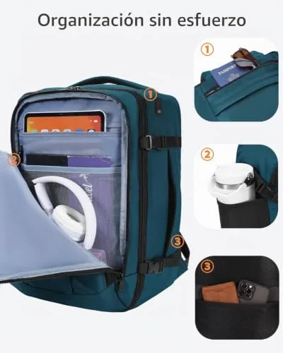 ECOHUB ▫️ 30L Mochila 45x36x20 Easyjet, Mochila de viagem para a cabine do avião com 13 bolsos, Mochila de bagagem de mão para colocar debaixo do assento, Saco de viagem em PET reciclado para homem e mulher, Patenteado (Azul-verde) 3