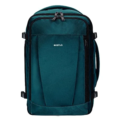 ECOHUB ▫️ 30L Mochila 45x36x20 Easyjet, Mochila de viagem para a cabine do avião com 13 bolsos, Mochila de bagagem de mão para colocar debaixo do assento, Saco de viagem em PET reciclado para homem e mulher, Patenteado (Azul-verde) 4