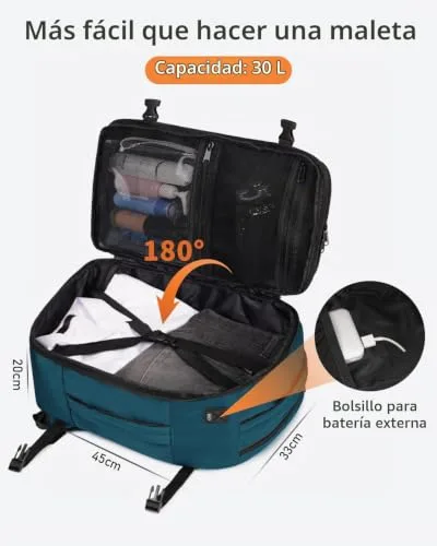 ECOHUB ▫️ 30L Mochila 45x36x20 Easyjet, Mochila de viagem para a cabine do avião com 13 bolsos, Mochila de bagagem de mão para colocar debaixo do assento, Saco de viagem em PET reciclado para homem e mulher, Patenteado (Azul-verde) 5