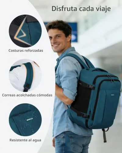 ECOHUB ▫️ 30L Mochila 45x36x20 Easyjet, Mochila de viagem para a cabine do avião com 13 bolsos, Mochila de bagagem de mão para colocar debaixo do assento, Saco de viagem em PET reciclado para homem e mulher, Patenteado (Azul-verde) 6