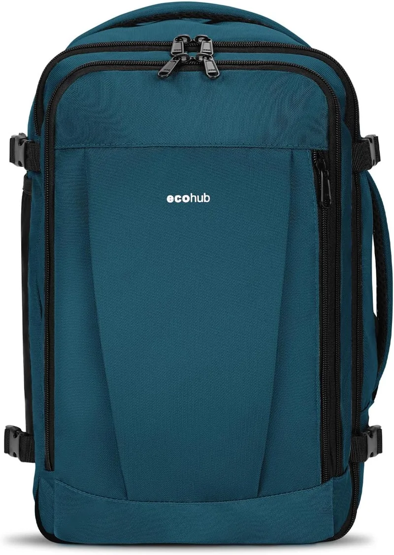 ECOHUB ▫️ 30L Mochila 45x36x20 Easyjet, Mochila de viagem para a cabine do avião com 13 bolsos, Mochila de bagagem de mão para colocar debaixo do assento, Saco de viagem em PET reciclado para homem e mulher, Patenteado (Azul-verde)