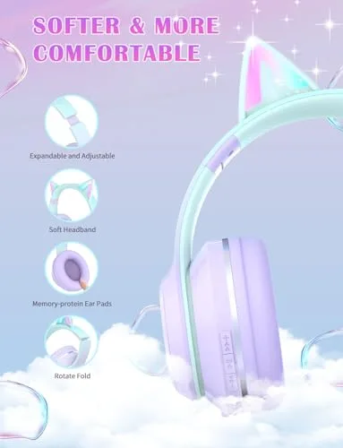 Xunpuls ▫️ Auscultadores Bluetooth para crianças com microfone, auscultadores sem fios para meninas, som estéreo, orelhas de gato com luz LED, auscultadores para telemóvel e tablet, para presente de aniversário, crianças, meninas e adultos 4
