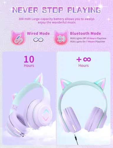 Xunpuls ▫️ Auscultadores Bluetooth para crianças com microfone, auscultadores sem fios para meninas, som estéreo, orelhas de gato com luz LED, auscultadores para telemóvel e tablet, para presente de aniversário, crianças, meninas e adultos 5