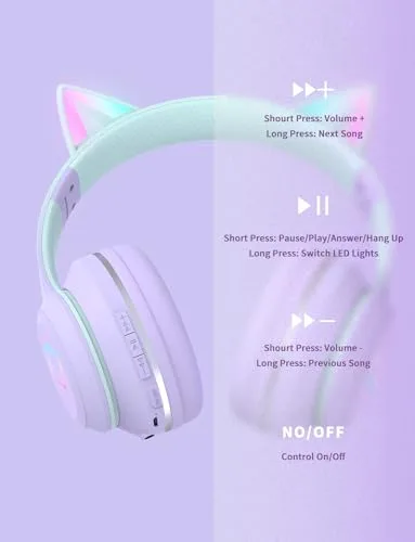 Xunpuls ▫️ Auscultadores Bluetooth para crianças com microfone, auscultadores sem fios para meninas, som estéreo, orelhas de gato com luz LED, auscultadores para telemóvel e tablet, para presente de aniversário, crianças, meninas e adultos 6