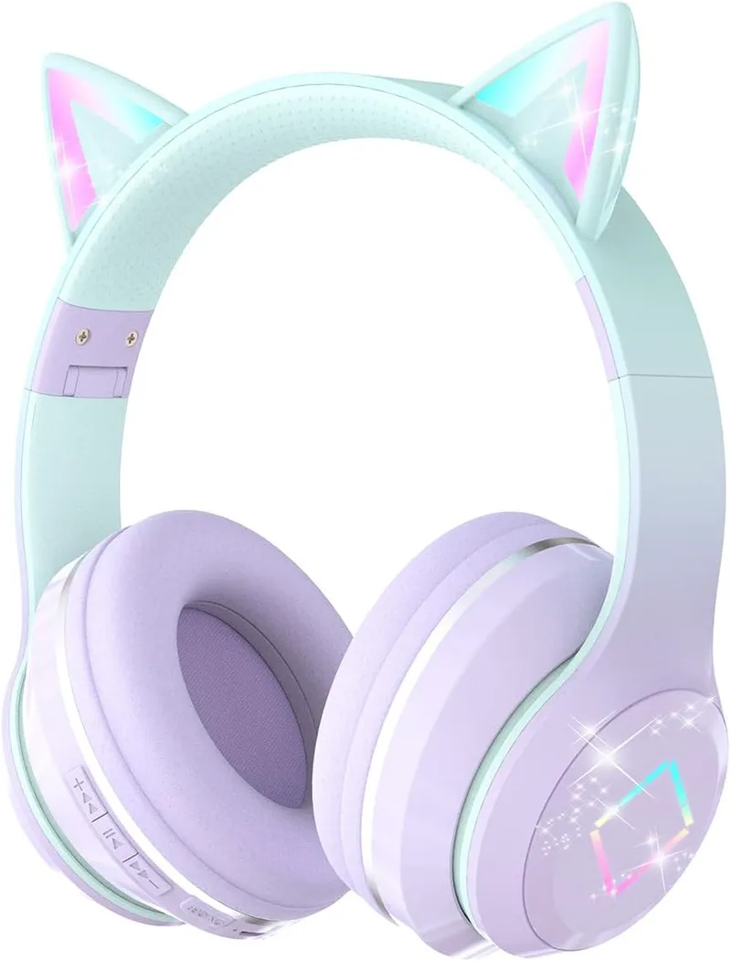 Xunpuls ▫️ Auscultadores Bluetooth para crianças com microfone, auscultadores sem fios para meninas, som estéreo, orelhas de gato com luz LED, auscultadores para telemóvel e tablet, para presente de aniversário, crianças, meninas e adultos