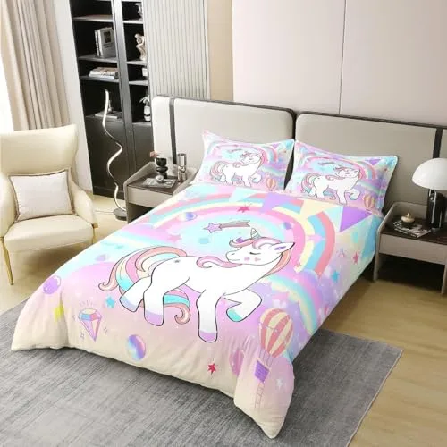 Homewish ▫️ 100% algodão, conjunto de roupa de cama com tema de unicórnio 240 x 260, capa de edredão com tema de unicórnio e arco-íris Kawaii, decoração de quarto com tema de unicórnio para meninas e meninos, conjunto de roupa de cama com tema de cavalo, 3 peças, 2
