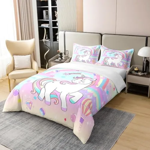 Homewish ▫️ 100% algodão, conjunto de roupa de cama com tema de unicórnio 240 x 260, capa de edredão com tema de unicórnio e arco-íris Kawaii, decoração de quarto com tema de unicórnio para meninas e meninos, conjunto de roupa de cama com tema de cavalo, 3 peças, 3