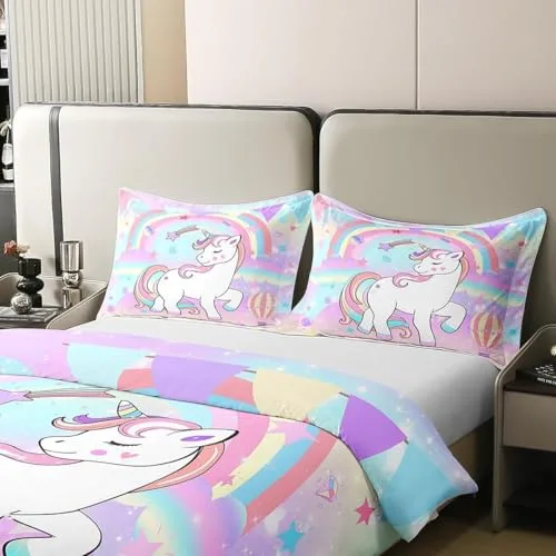 Homewish ▫️ 100% algodão, conjunto de roupa de cama com tema de unicórnio 240 x 260, capa de edredão com tema de unicórnio e arco-íris Kawaii, decoração de quarto com tema de unicórnio para meninas e meninos, conjunto de roupa de cama com tema de cavalo, 3 peças, 4
