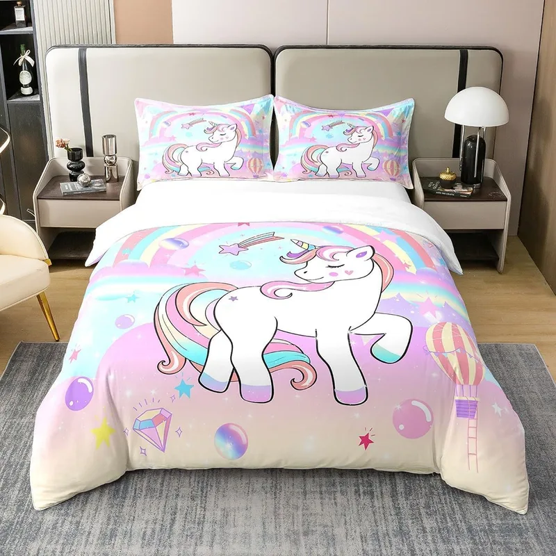 Homewish ▫️ 100% algodão, conjunto de roupa de cama com tema de unicórnio 240 x 260, capa de edredão com tema de unicórnio e arco-íris Kawaii, decoração de quarto com tema de unicórnio para meninas e meninos, conjunto de roupa de cama com tema de cavalo, 3 peças,