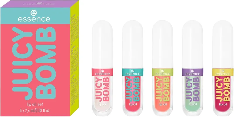 Essence Cosmetics ▫️ Conjunto de óleos labiais essence JUICY BOMB 01, Aroma frutado | Conjunto de óleos labiais nutritivos, Acabamento ultrabrilhante com vitamina E e óleo de jojoba, Cosméticos veganos, 5 x 2,4 ml