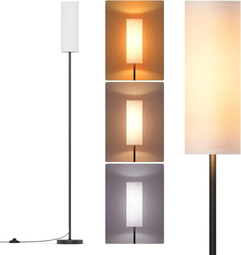 Lithomy ▫️ Candeeiro de pé, candeeiro LED regulável com 3 temperaturas de cor, candeeiro de pé para sala com abajur de linho e interruptor de pé, candeeiro para sala de estar, quarto, com lâmpada de 9 W, branco