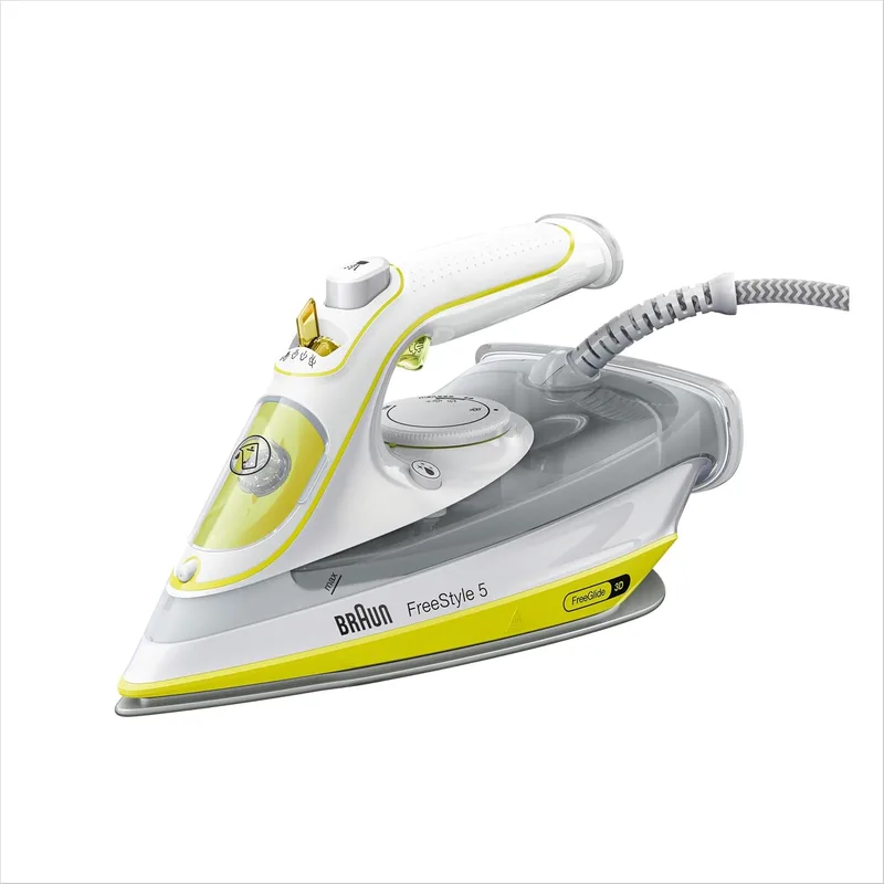 Braun ▫️ FreeStyle 5 – Ferro a vapor com sola SuperCeramic, vapor potente, sistema antigotejamento, ponta de precisão, engomagem fácil e suave, amarelo (SI5016YL)
