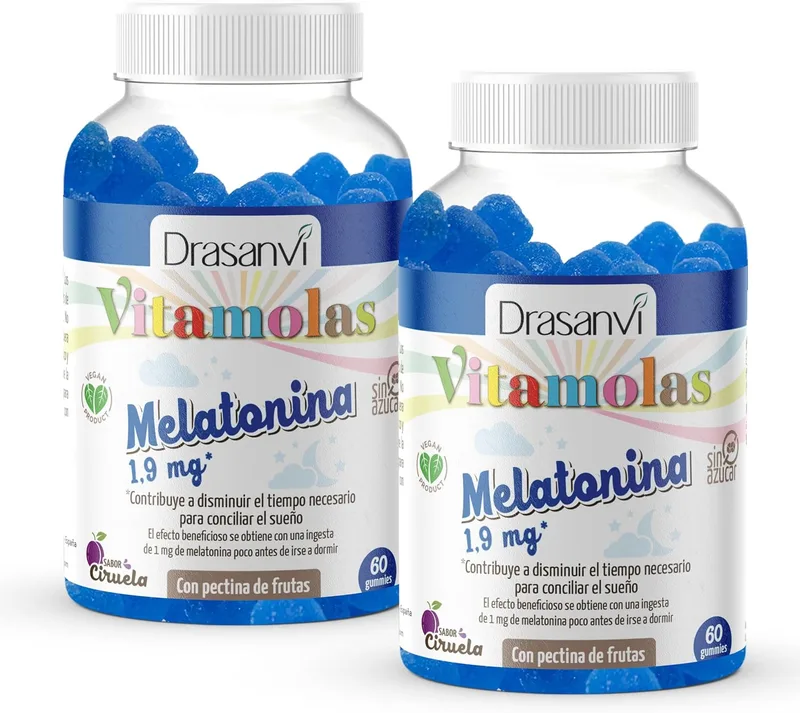 Drasanvi ▫️ Gomas de Melatonina Embalagem de 2x60 unidades, Sabor a Ameixa | Melatonina Pura 1,9 mg por goma, Ajuda a dormir com um sono de qualidade, Embalagem com 2 frascos, Vegano, Delicioso sabor a ameixa