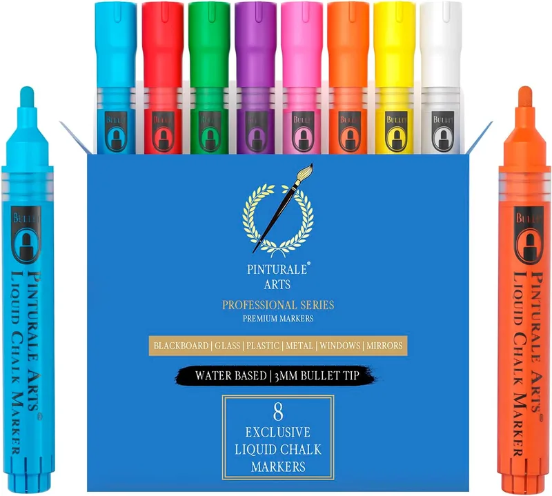 Pinturale Arts ▫️ Marcadores de giz líquido | Conjunto 8 cores | Marcadores de vidro apagáveis | Ponta de 3 mm | Para janelas, quadro branco, apagamento fácil a seco