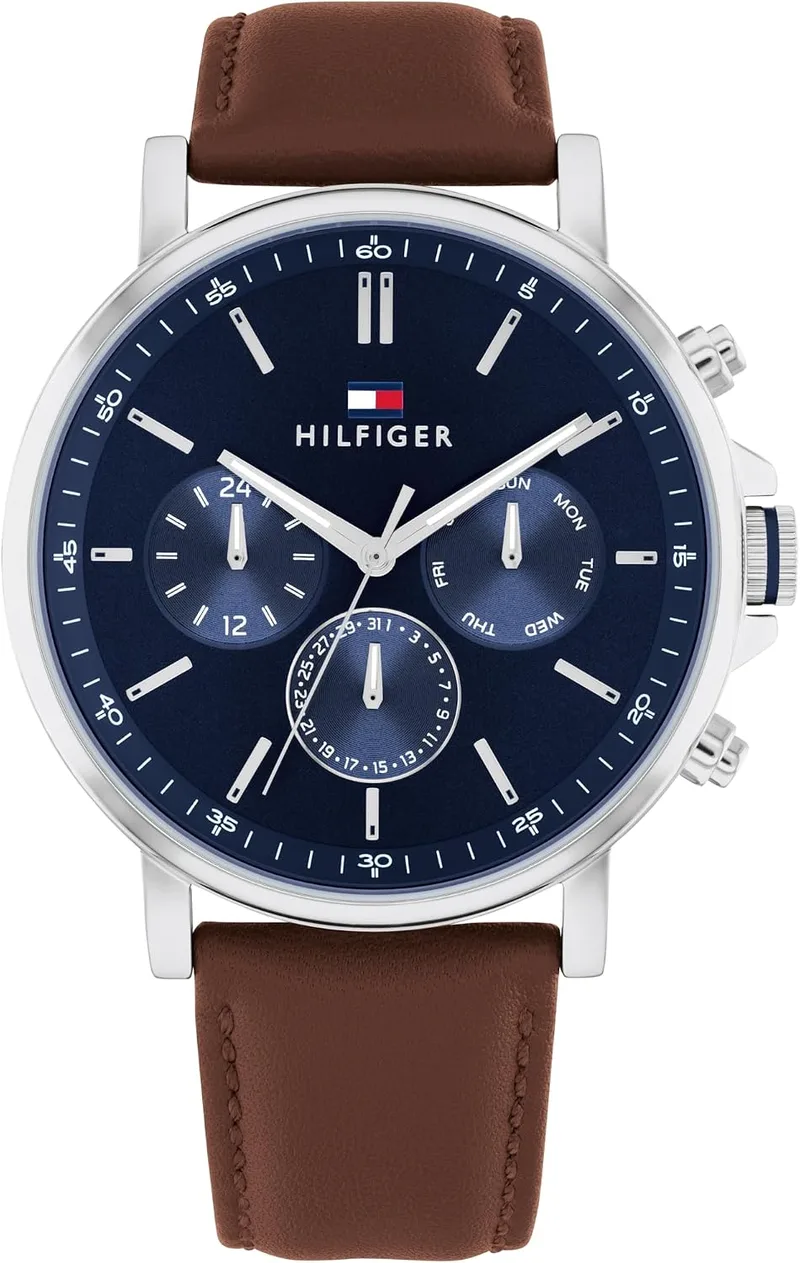Tommy Hilfiger ▫️ Relógio analógico multifunções de quartzo para homem, com bracelete em aço inoxidável ou em pele