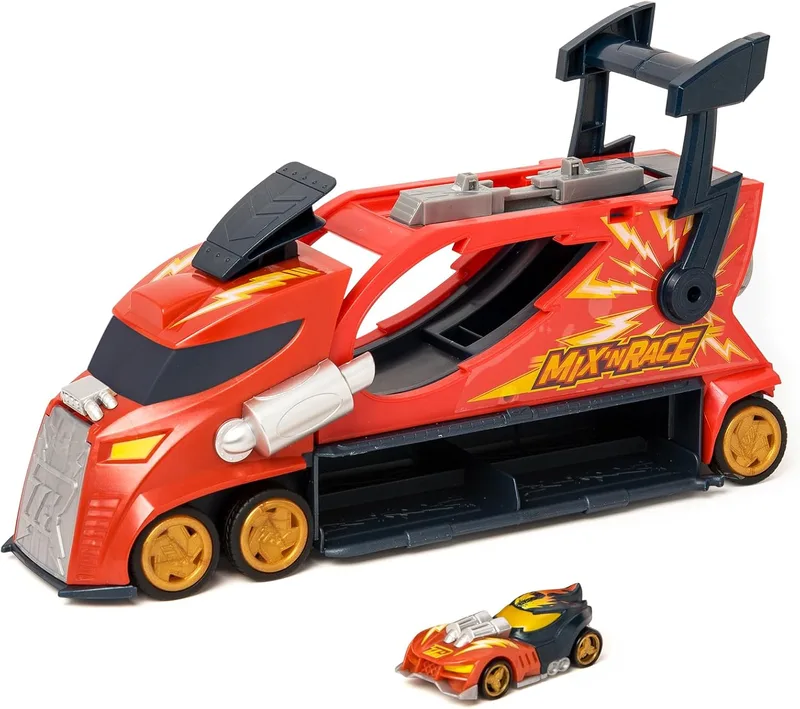 T-Racers ▫️ Mix ´N Race Thunder Truck – Camião lançador com 3 funções num só. Inclui 1 veículo T-Racer Mix ´N Race exclusivo, área para montar veículos, mecanismo de lançamento e espaço para 7 carros