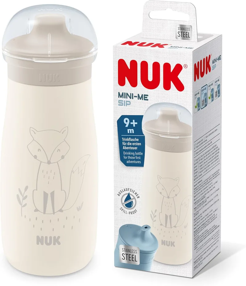 NUK ▫️ Copo Mini-Me Sip para bebés | 9+ meses | 300 ml | Biberão para crianças | Bico endurecido à prova de fugas | À prova de estilhaços | Raposa bege