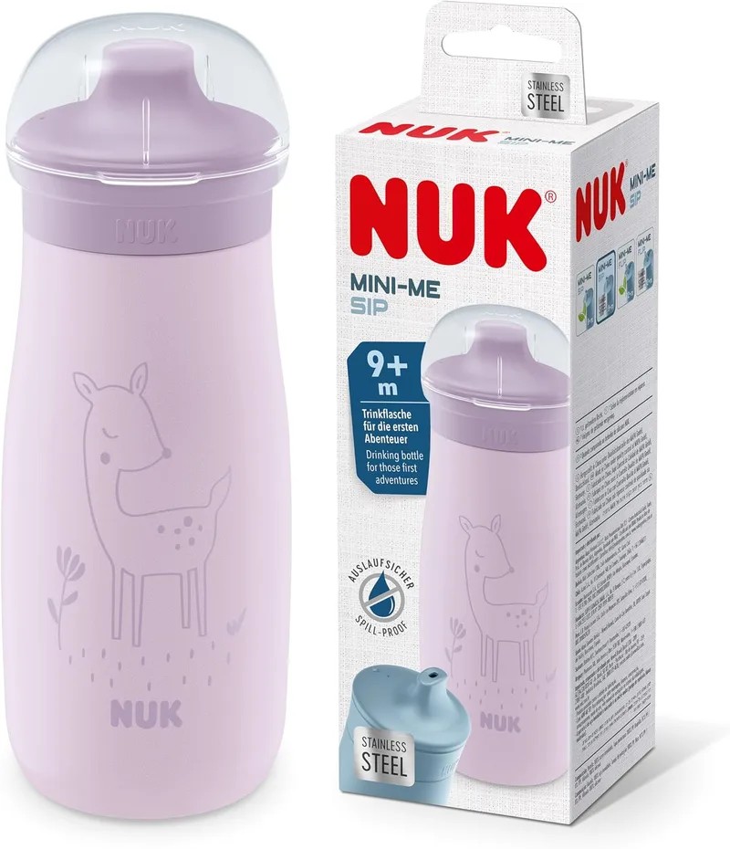 NUK ▫️ Copo Mini-Me Sip para crianças pequenas | A partir dos 9 meses | 300 ml | Garrafa de água em aço inoxidável para crianças | Bocal reforçado à prova de fugas | À prova de quebras | Veado lilás