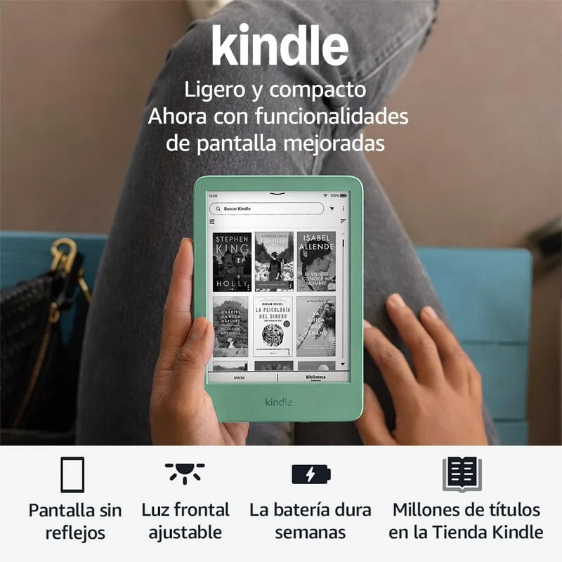 Amazon ▫️ Kindle | o Kindle mais leve e compacto, com ecrã antirreflexo, mudança de página mais fluida e luz frontal ajustável | 16 GB | Sem publicidade | Verde matcha