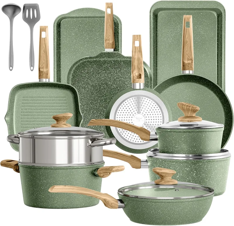 Kitchen Academy ▫️ Conjunto de Frigideiras e Panelas Antiaderentes, 17 Peças, Verde | Conjunto de Panelas e Frigideiras com Revestimento de Alumínio Granito e Tampas, para Indução, Fogões a Gás e Micro-ondas