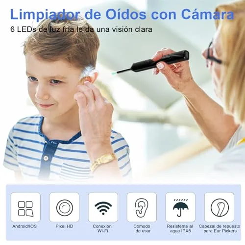 EBUYFIRE ▫️ Kit sem fios para limpeza dos ouvidos, limpador de ouvidos com otoscópio com câmara HD, carregamento por USB, kit de limpeza visual dos ouvidos com 6 LED para cuidados em família 2