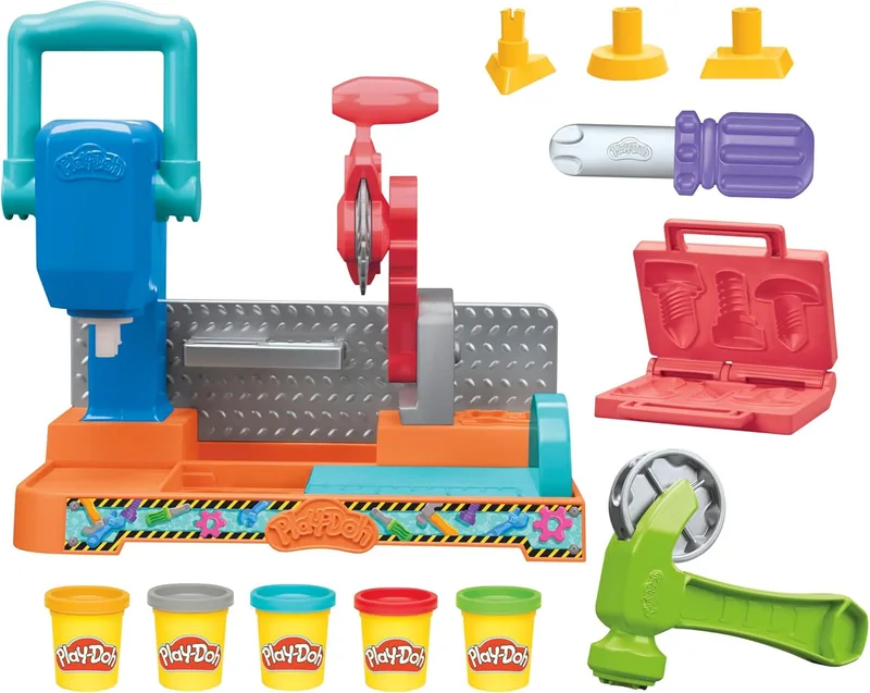 Play-Doh ▫️ Caixa de ferramentas Conjunto de trabalhos manuais com carimbos de plasticina, ferramentas de brinquedo e 5 potes de cores diferentes, para crianças a partir dos 3 anos