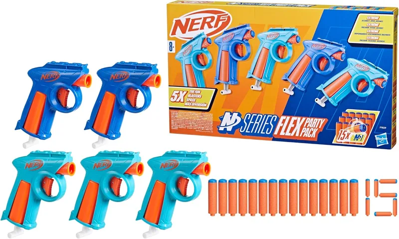 Nerf ▫️ Hasbro N Series, Flex Party Pack 5, Lançadores de dardos de espuma, 15 projéteis N1, Diversão e competição com amigos, Jogos de estratégia, Gatilho de precisão, Jogos para festas