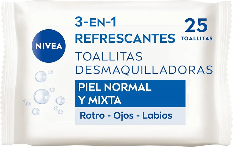 NIVEA ▫️ Toalhetes desmaquilhantes 3 em 1 Refrescante - Toalhetes húmidos - Limpa suave e eficazmente - Remove maquilhagem à prova de água - Para rosto, olhos e lábios - Pele normal a mista - 25 toalhetes
