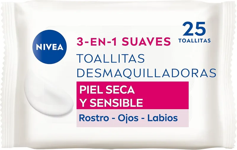 NIVEA ▫️ Toalhitas Desmaquilhantes 3 em 1 Suaves - Toalhitas Húmidas - Limpa de forma suave e eficaz - Remove maquilhagem à prova de água - Para o rosto, olhos e lábios - Pele seca e sensível - 25 unidades
