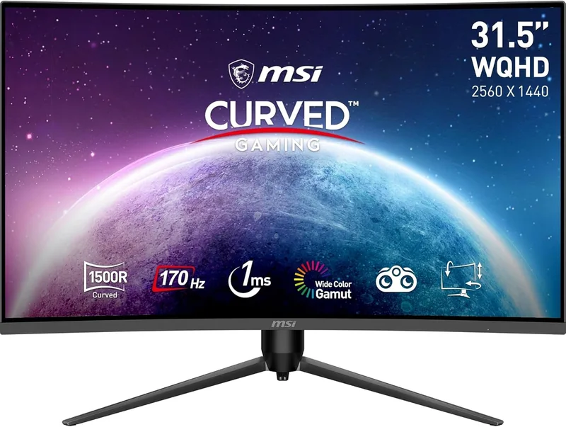 MSI ▫️ G32CQ5P Monitor Curvo para Jogos WQHD de 31,5 polegadas, painel VA 1500R 2560 x 1440, 170 Hz/1 ms, Adaptive Sync, ajustável em 3 direções, DP 1.2a, HDMI 2.0b CEC