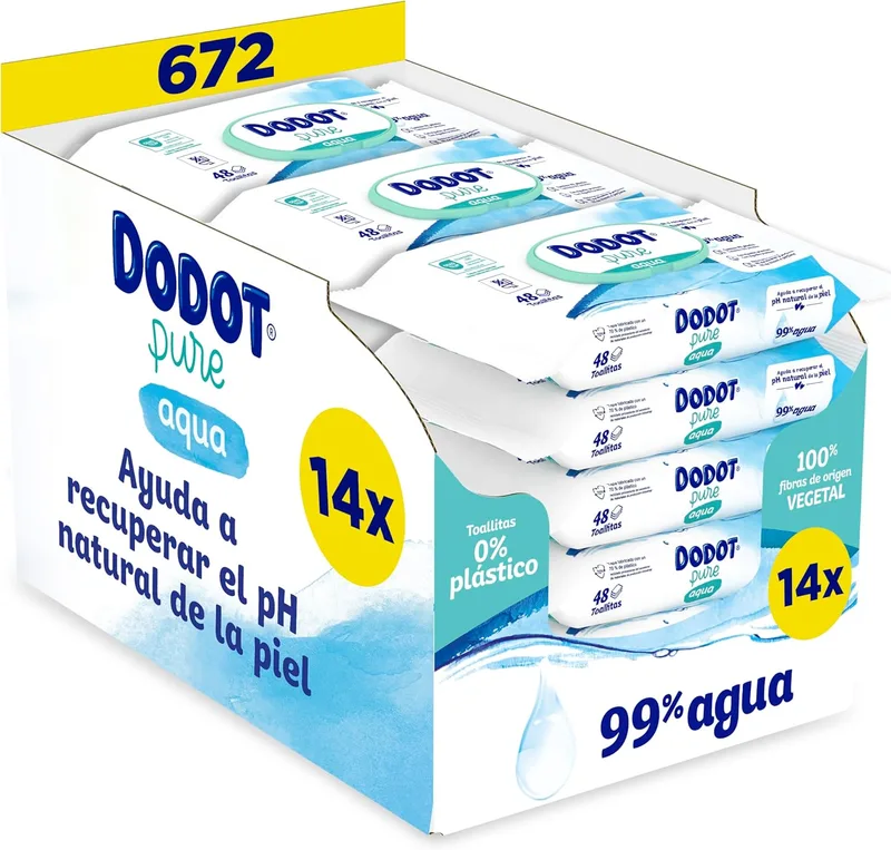 DODOT ▫️ Pure Aqua Baby Wipes, 672 toalhetes (14 pacotes de 48 unidades), ajuda a restaurar o PH natural da pele, 99% de água, sem plástico