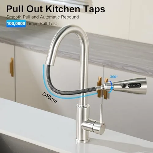 SREWOHS PRO ▫️ Torneira de cozinha extraível - Torneiras para lava-loiça com bico giratório de 360°, 4 modos, monocomando, aço inoxidável, cabeça de duche em ABS, arco alto, para lava-loiça de cozinha com 1 orifício 2