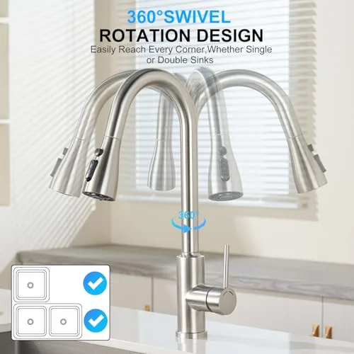 SREWOHS PRO ▫️ Torneira de cozinha extraível - Torneiras para lava-loiça com bico giratório de 360°, 4 modos, monocomando, aço inoxidável, cabeça de duche em ABS, arco alto, para lava-loiça de cozinha com 1 orifício 3